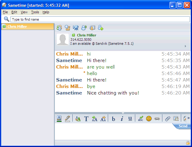 Image:New Sametime 7.5.1 feature?  The server answers your chats when testing? (screenshot)