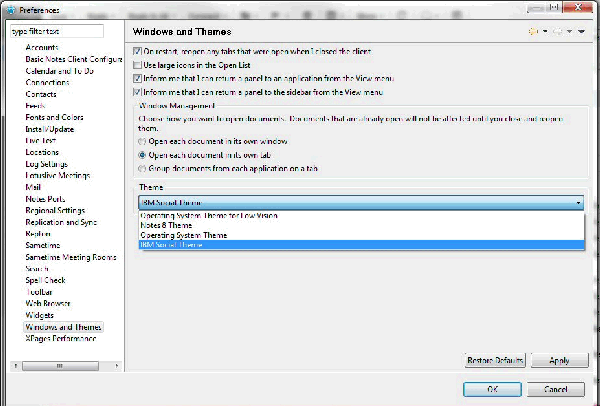 Windows and Themes in Lotus Notes 9