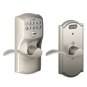 Schlage FE576 CAM 619 ACC CAM Built-in Alarm, Camelot Collection Keypad Accent Lever Door Lock, Satin Nickel