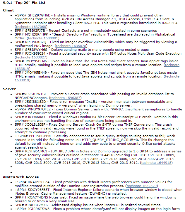 Domino 9.0.1 top 20 fix list