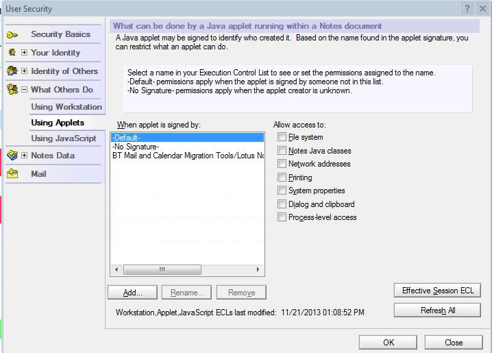 Java Applet user security in IBM Lotus Notes